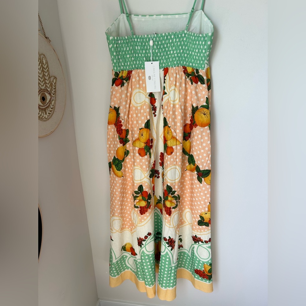 Caroline Constas peach green fruit Polka Dot linen blend Maxi Dress - Picture 7 of 7